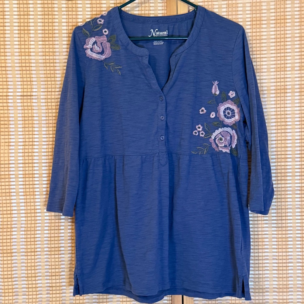 Natural Reflections Womens L Blue Floral Embroidered‎ Henley Top 3/4 Sleeve Boho
